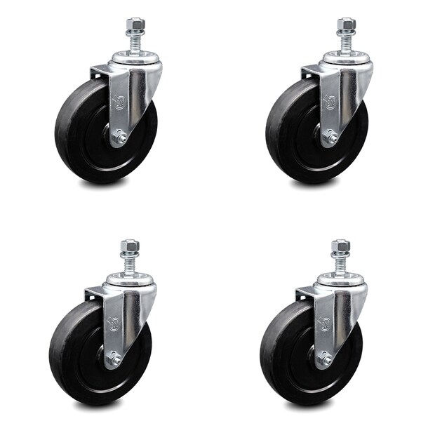 5 Inch Soft Rubber Wheel Swivel 1/2 Inch Threaded Stem Caster Set